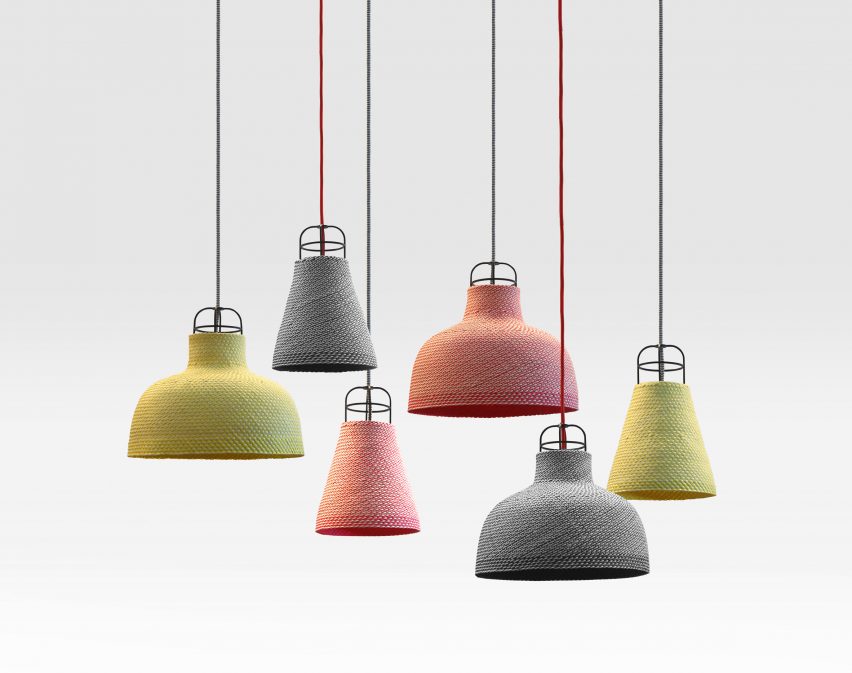 Photograph of grey, green and pink pendant lamps