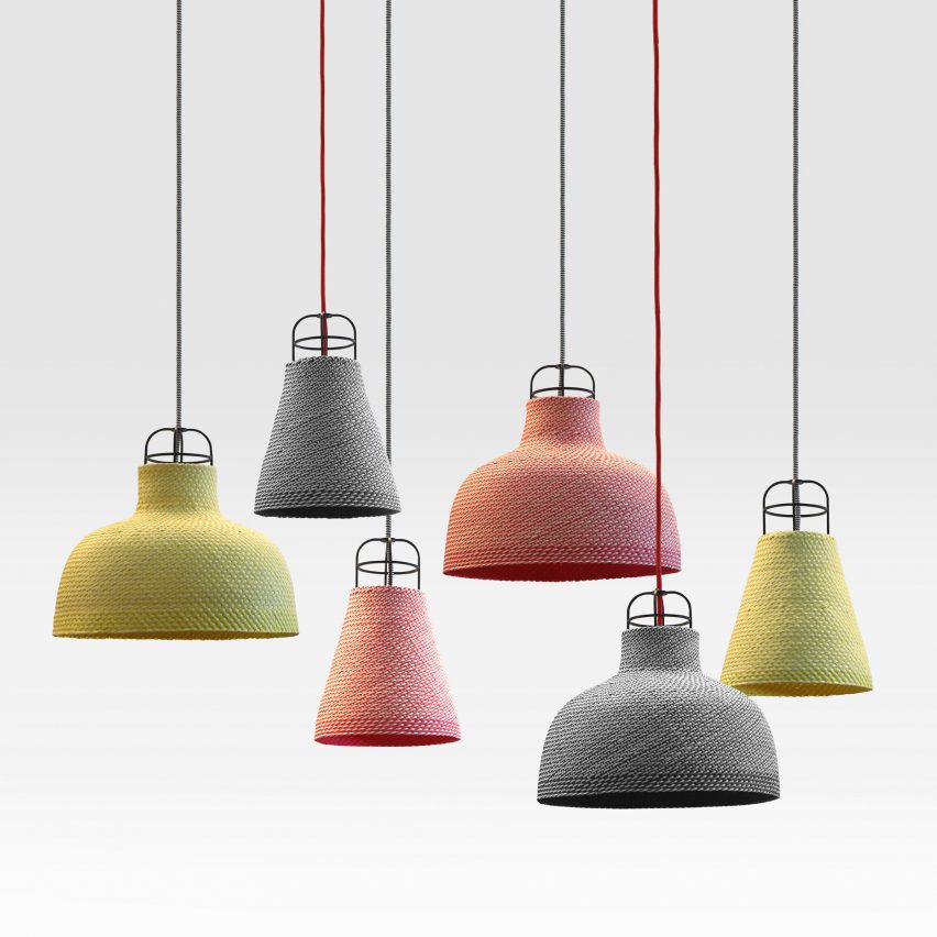 Photograph of grey, green and pink pendant lights