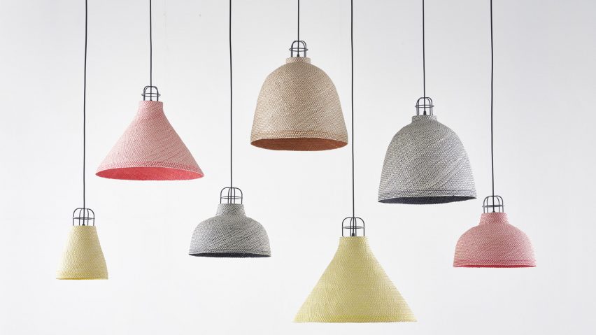 Photograph of grey, green and pink pendant lamps