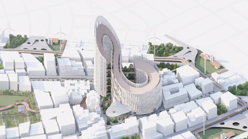 3D digital model of a curved high rise building in a city plan