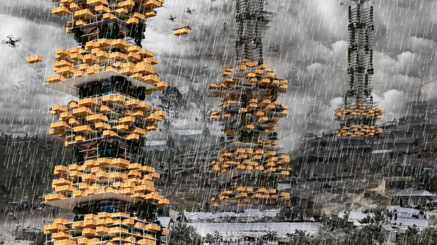 Architectural render of orange skyscrapers on a rainy day