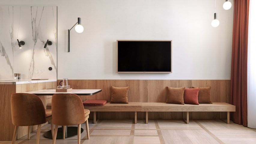 Hotel room with earthy hues at The Julius Prague