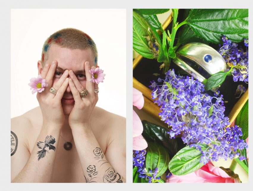 Photographs and a tattooed person with their hands over their face and a ring in a floral arrangement