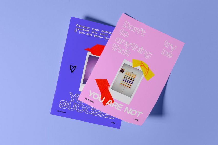 Two brightly coloured purple and pink posters on a light blue background by a student at the University of the arts London