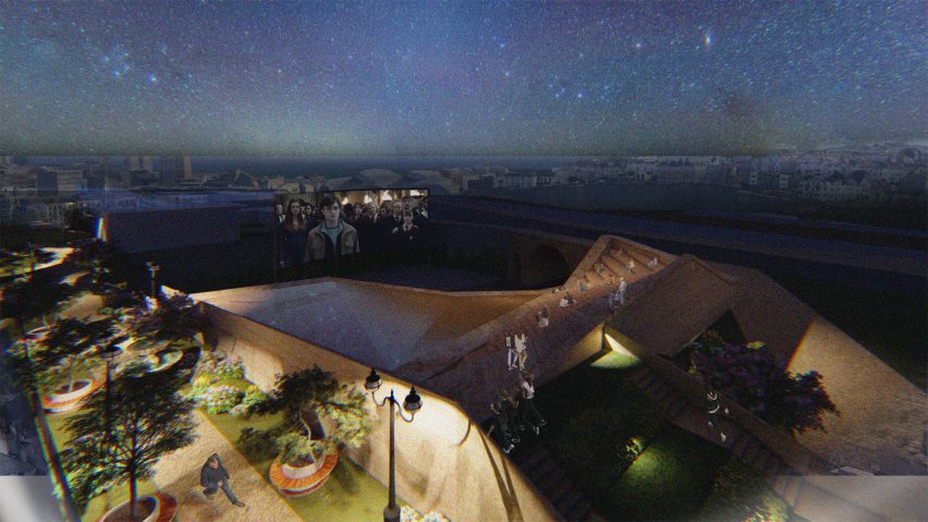 Render of an outdoor open cinema at night by a student at University of the Arts London