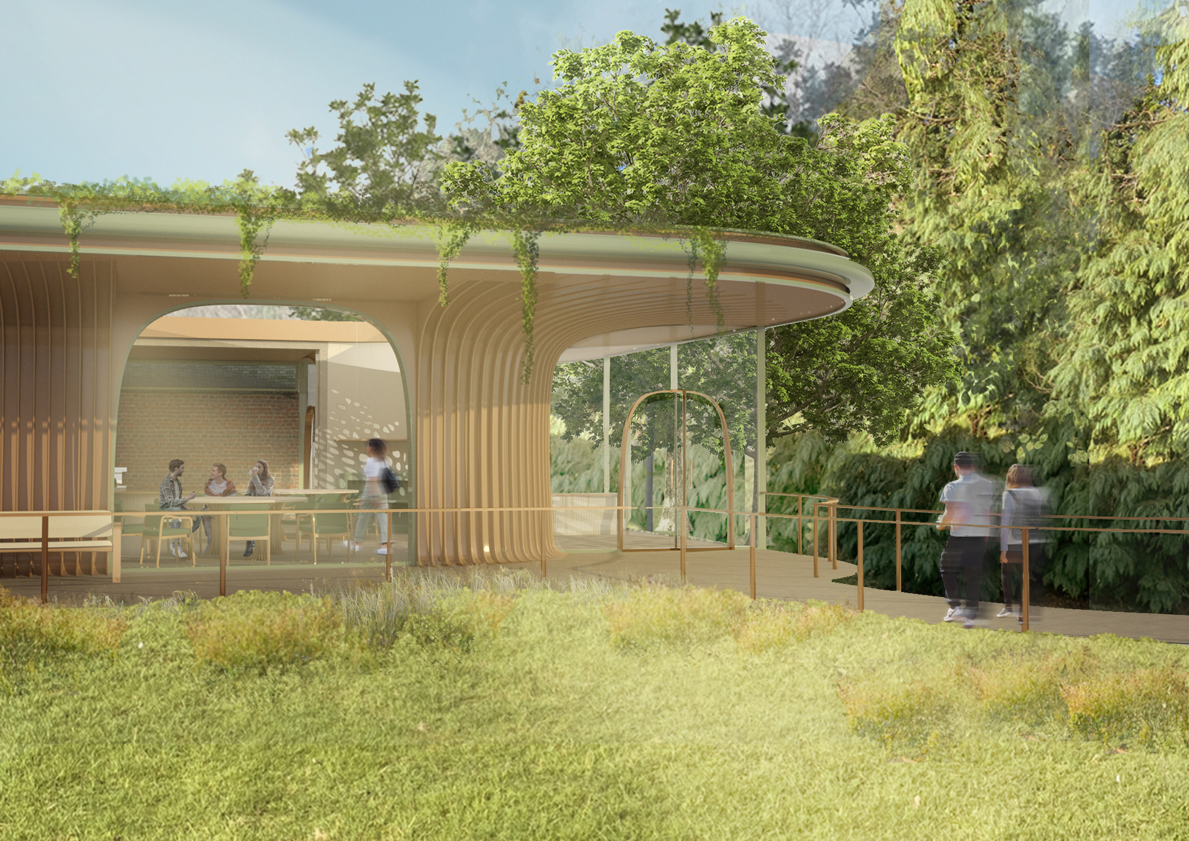 Render of a curved timber building in a meadow by a student at the University of the Arts London
