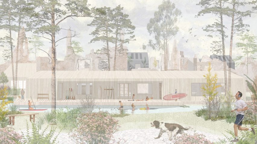 Pastel-toned collage of a low-level timber-clad building and a woodland area