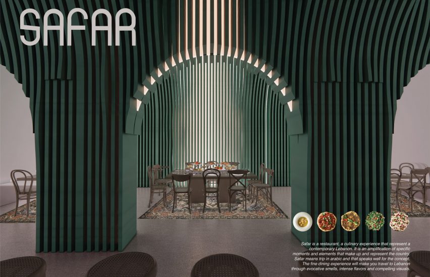 Render of a restaurant interior with archways and green panel walls