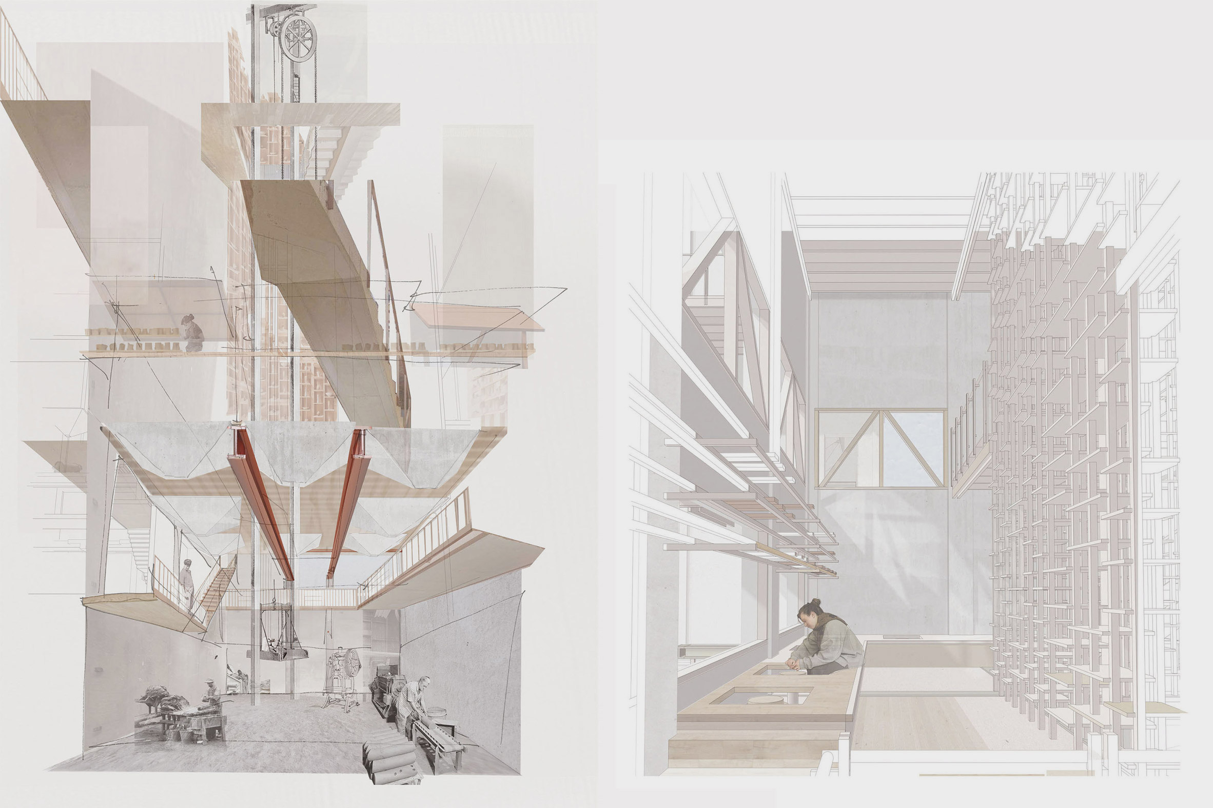 Two side-by-side perspective drawings in muted tones of an industrial interior with large beams