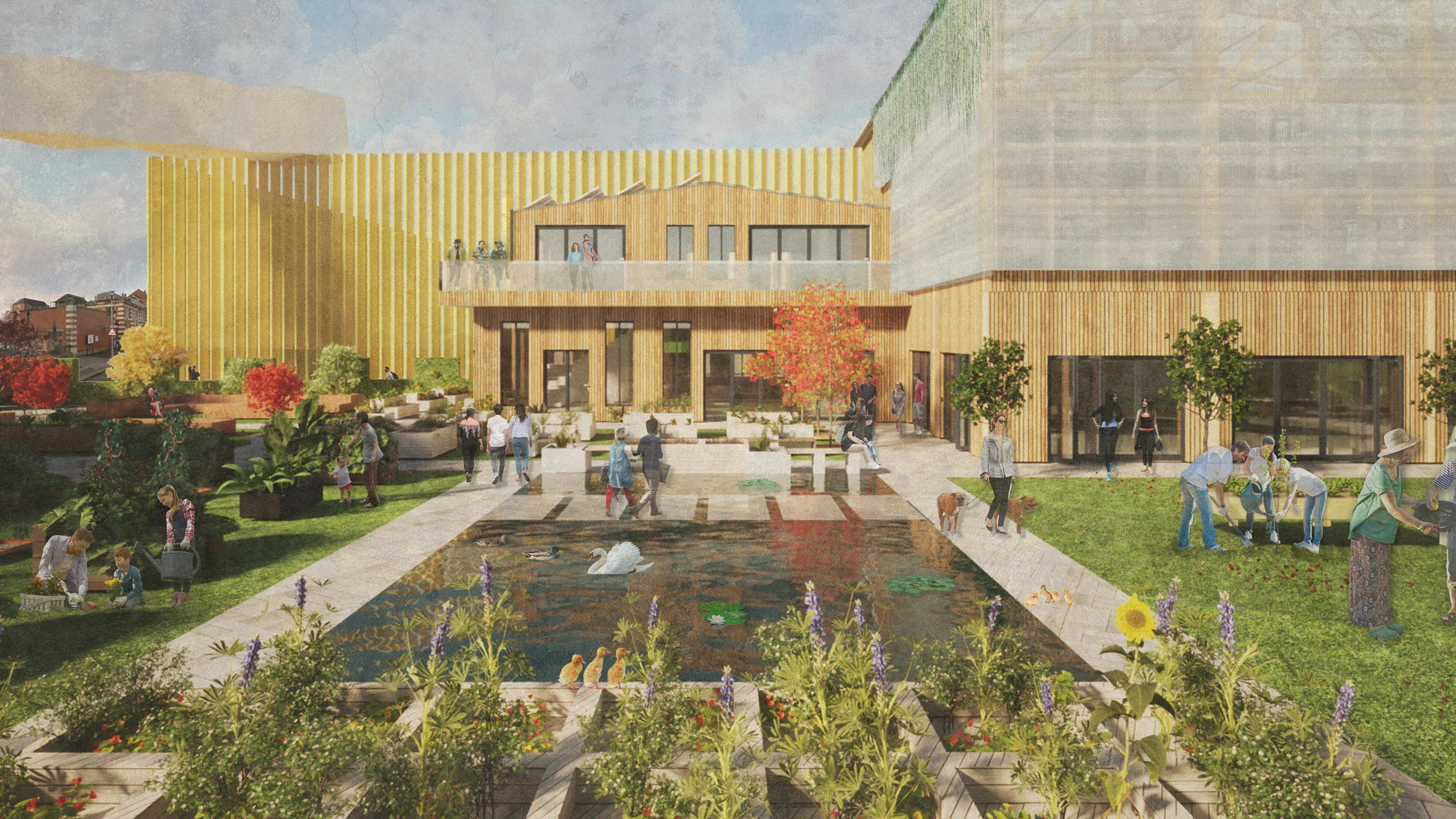 Outdoor pond in a communal garden in front of a yellow glad building