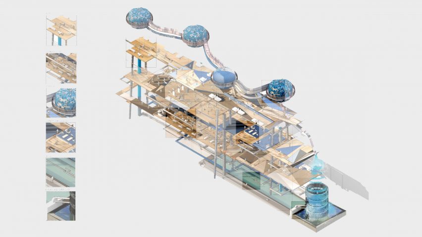Isometric section drawing of a large water park with annotation drawings