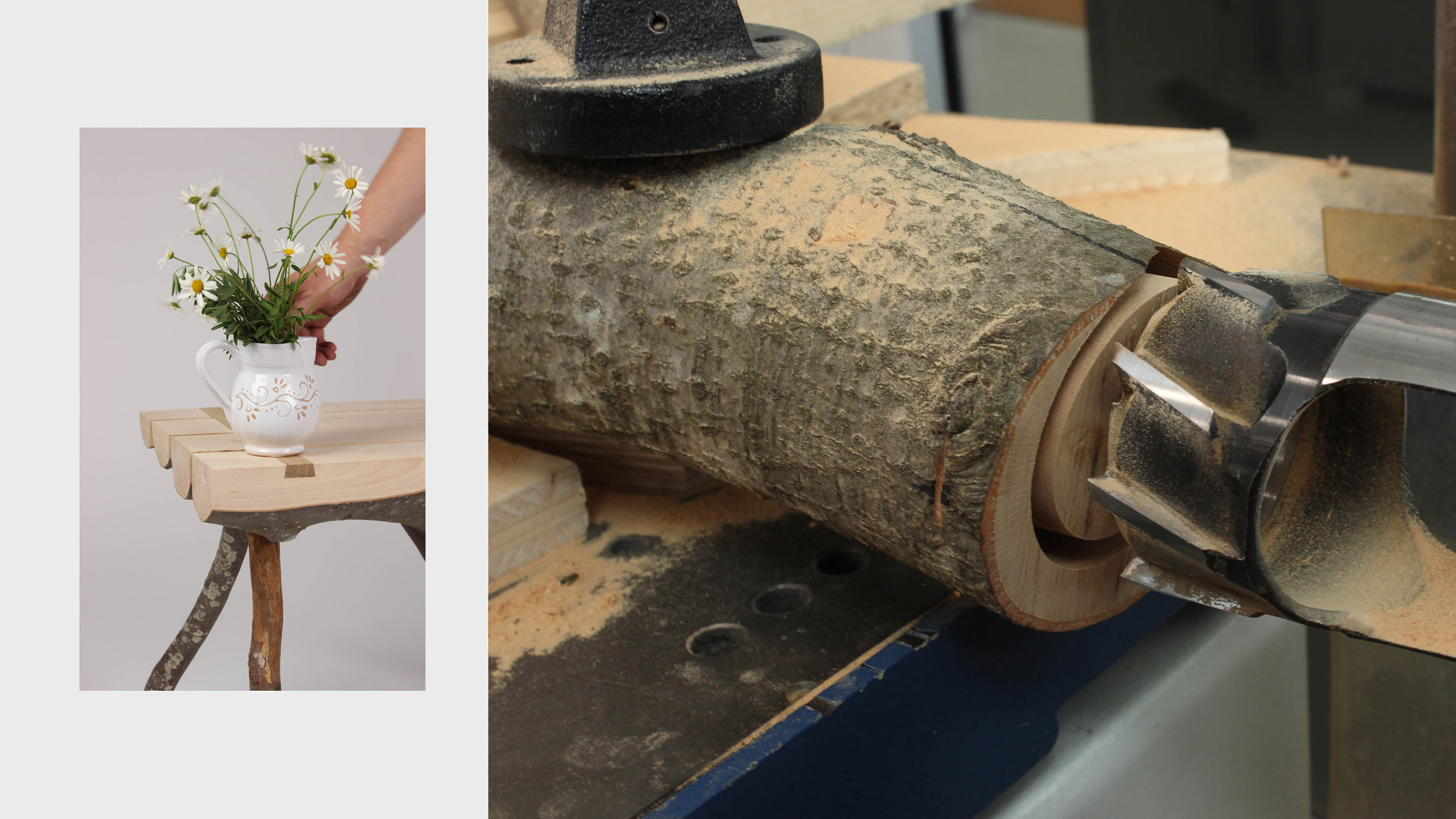 Side-by-side photos of a table make from tree trunks with a flower vase on and a photo of the table being made