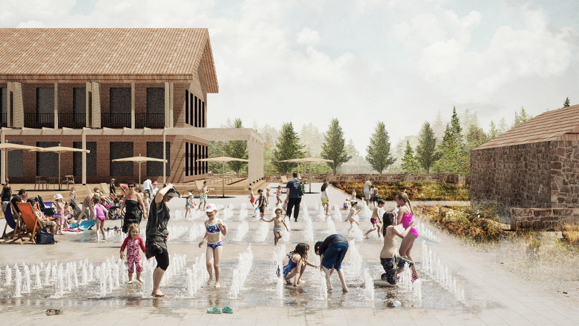 Render of children playing in a courtyard space with water fountains