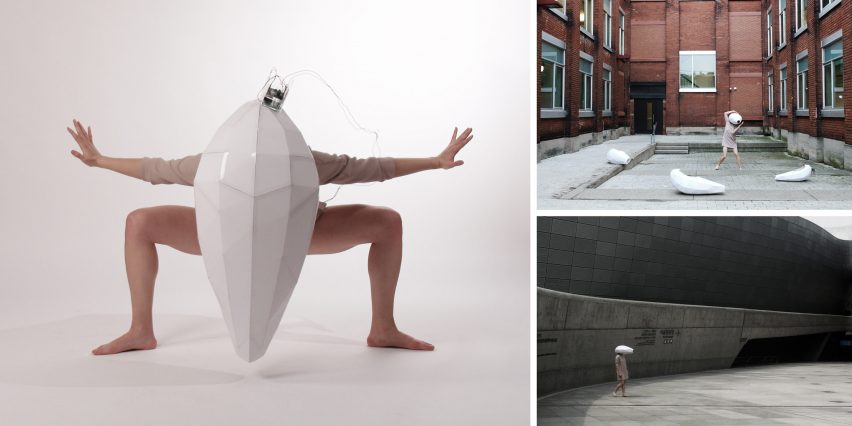 Three photographs of a white shell structure place on a person's head