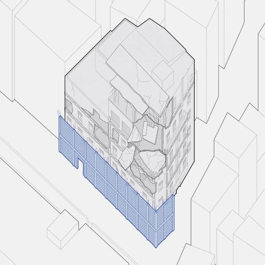 Axonometric line drawing of a building on a street corner