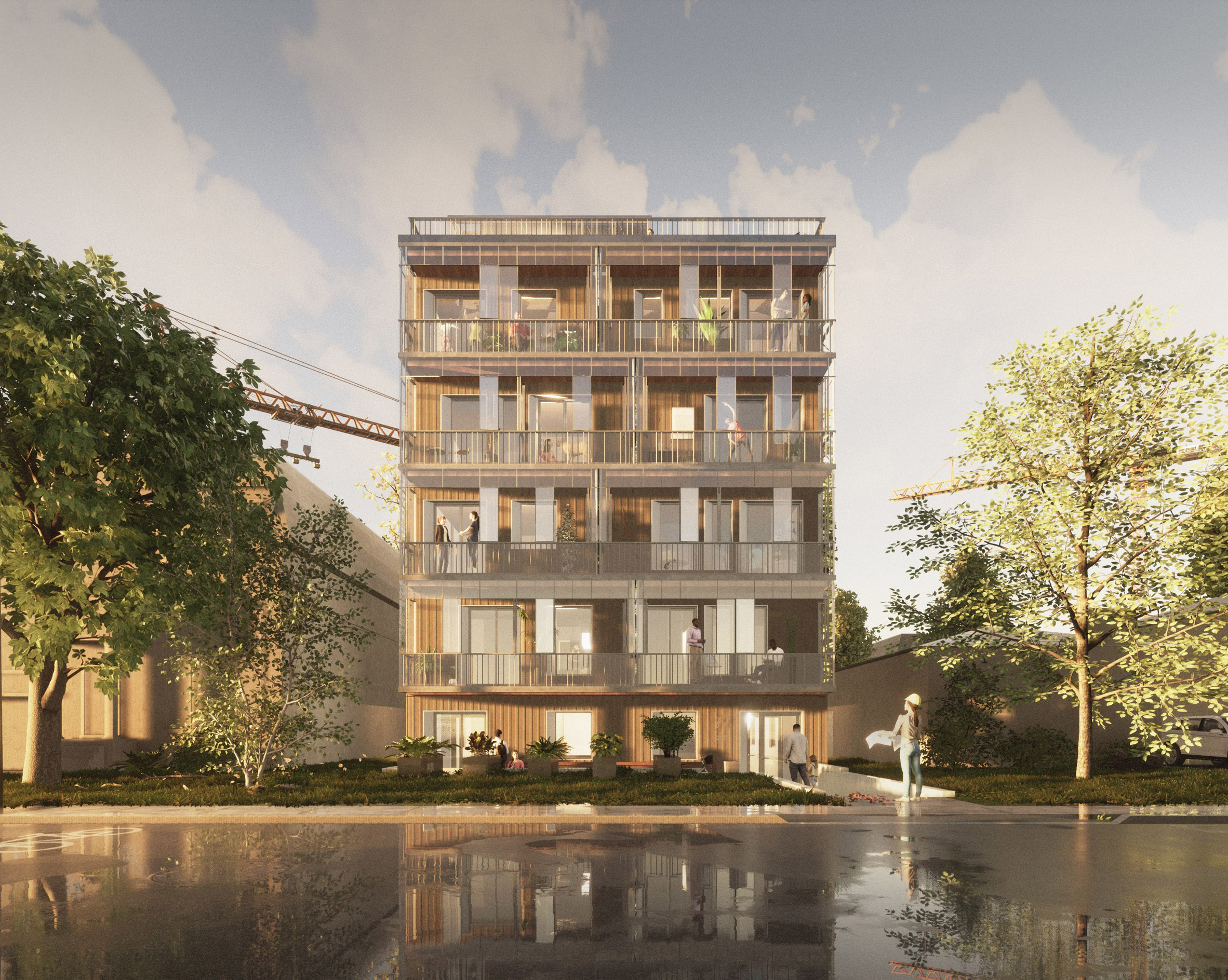 Architectural render of a multi-storey building on a riverside
