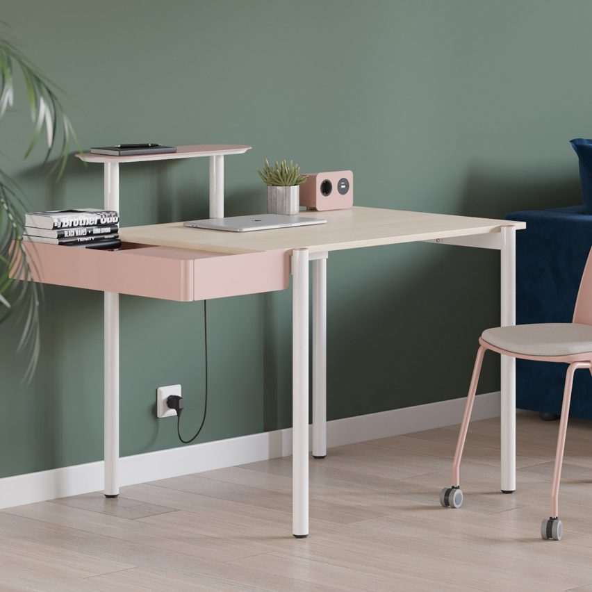 Zedo pink desk by Narbutas in a green painted office with parquet floor