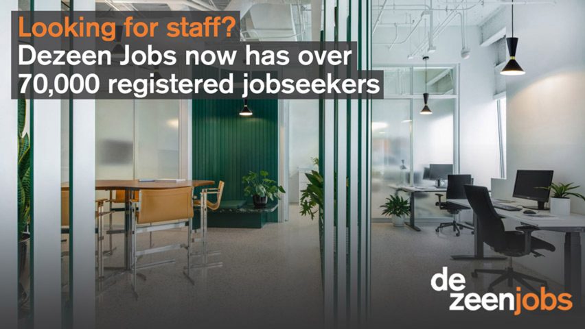 Dezeen Jobs logo in front of a photgraph of an office