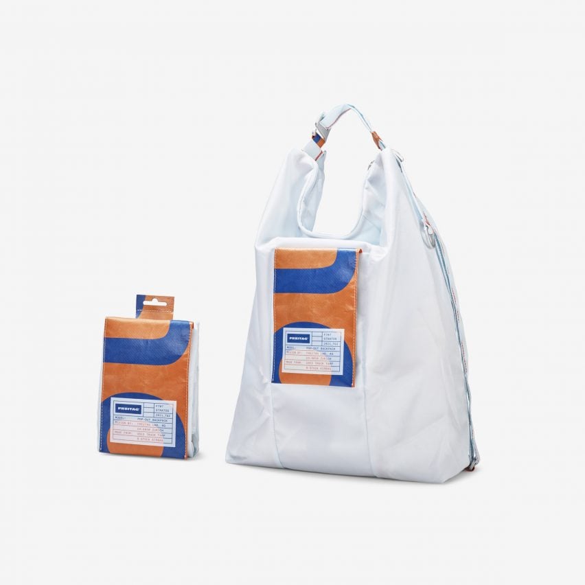 Photograph of a folded F707 STRATOS bag next to an unfolded one in a white background