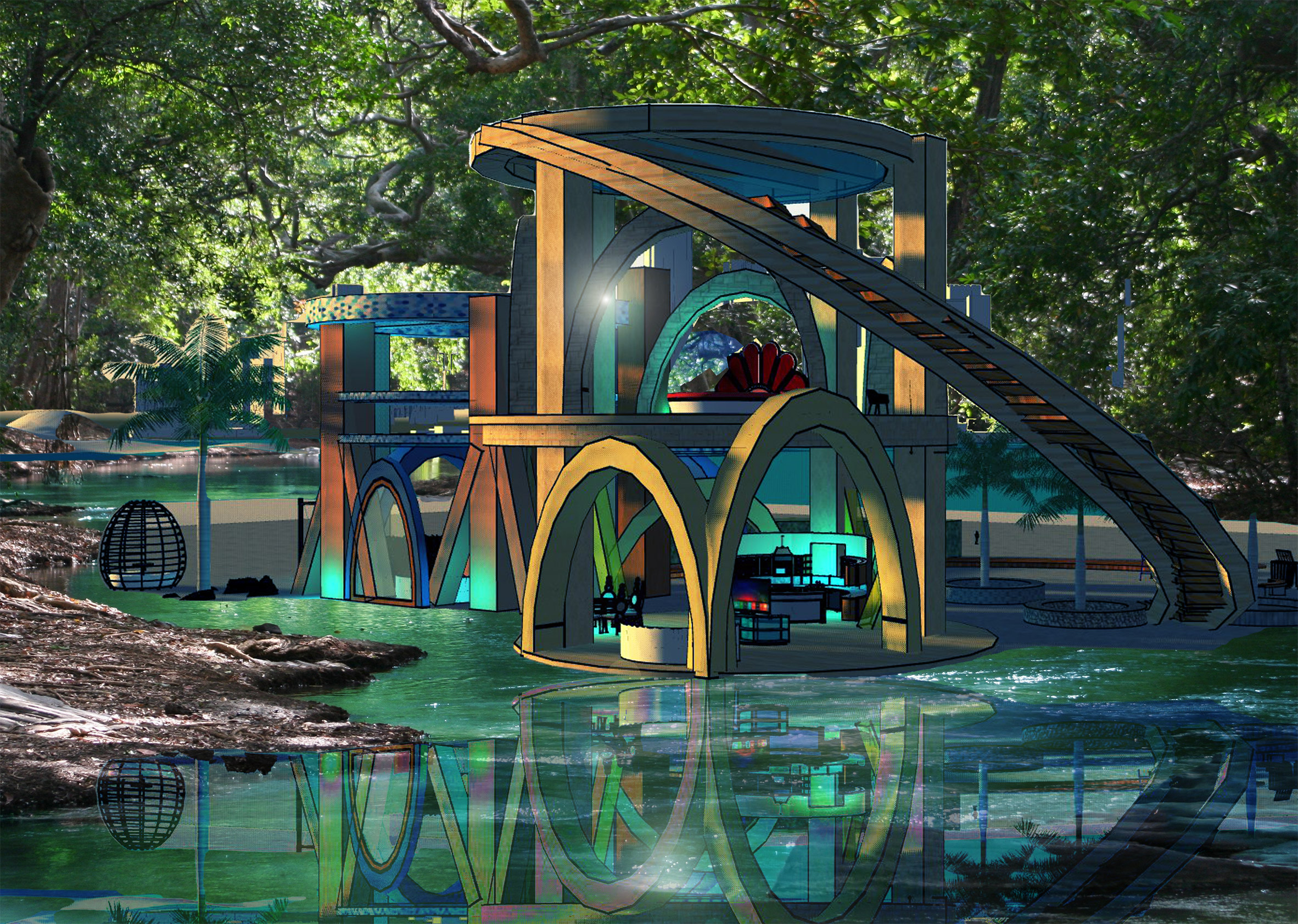Render of a house with arches inside a forest