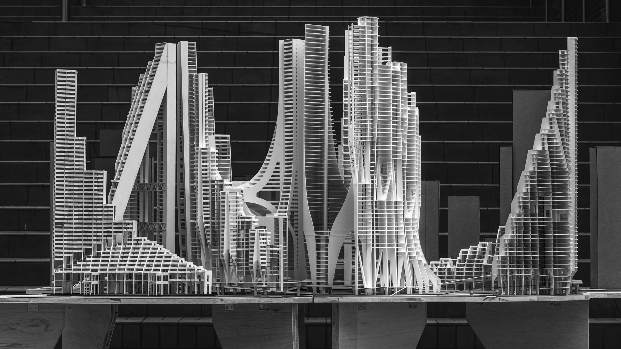 Black and white image of 3D sculpture of buildings