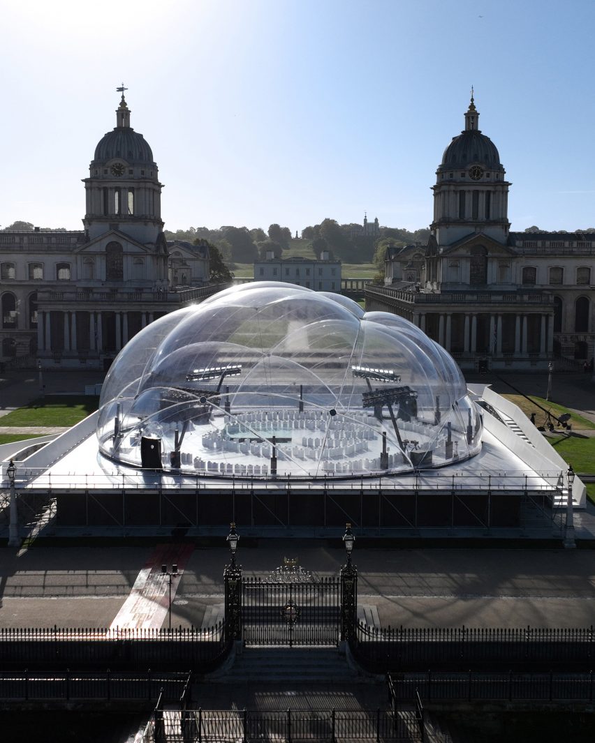 Image of the Smiljan Radić show space in front of the two domed structures in Greenwich