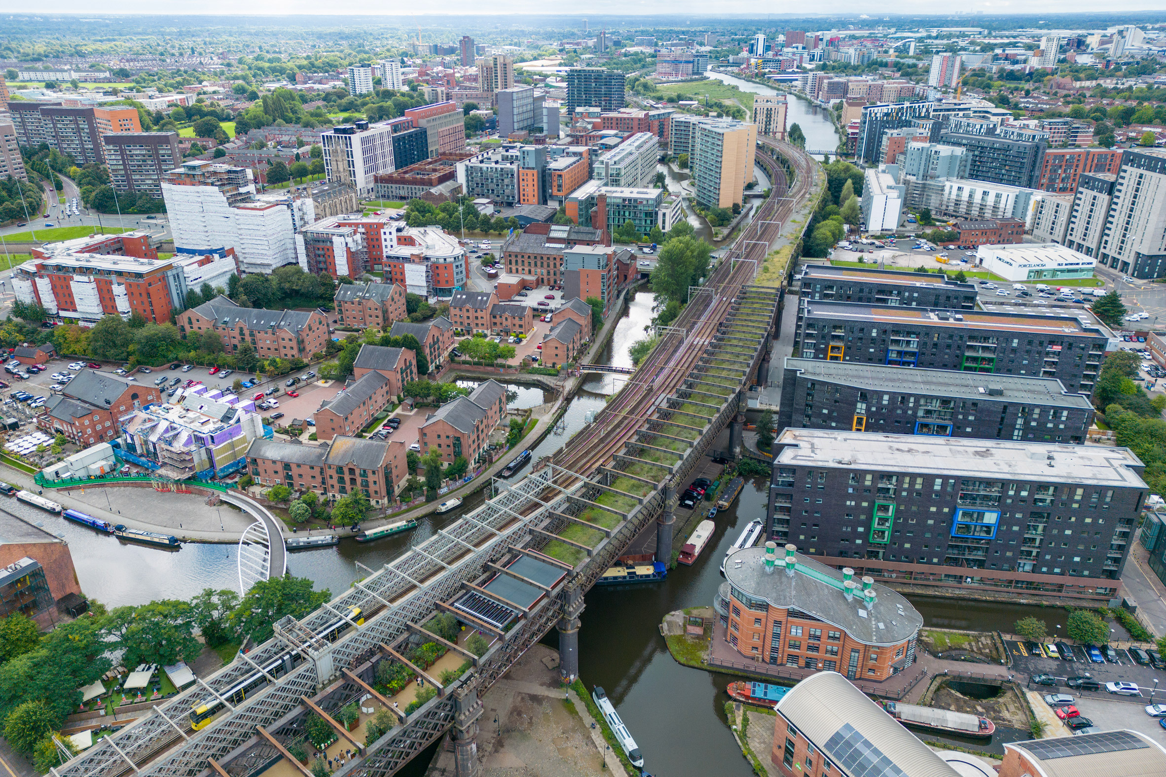 Aerial view of Castlefield Viaduct in Manchester