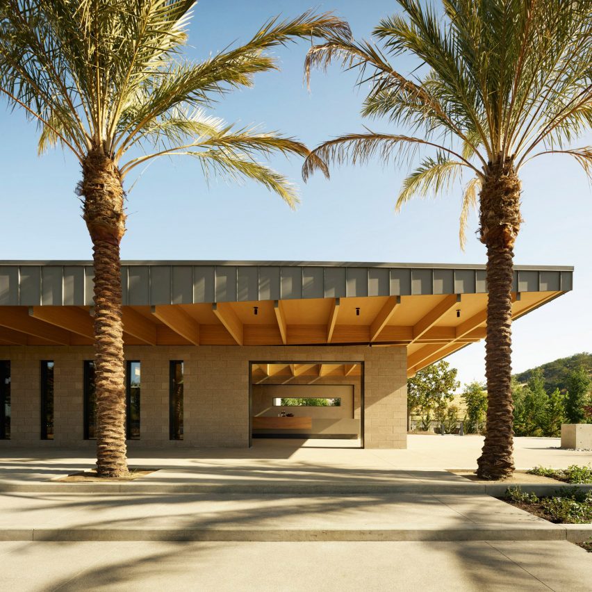 California Winery with cantilevered roof, palms