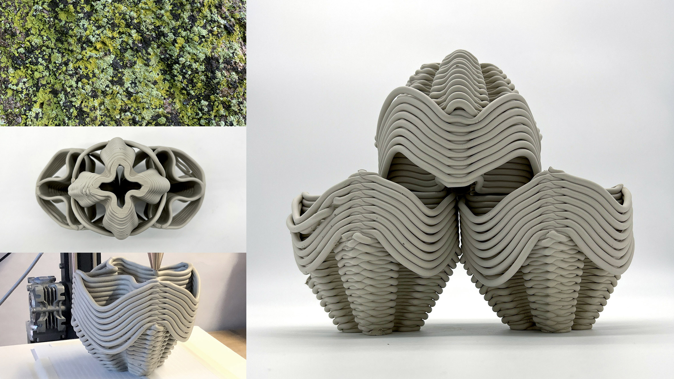 Collage of images including photograph of clay model