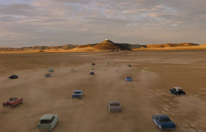 Cars driving through a desert