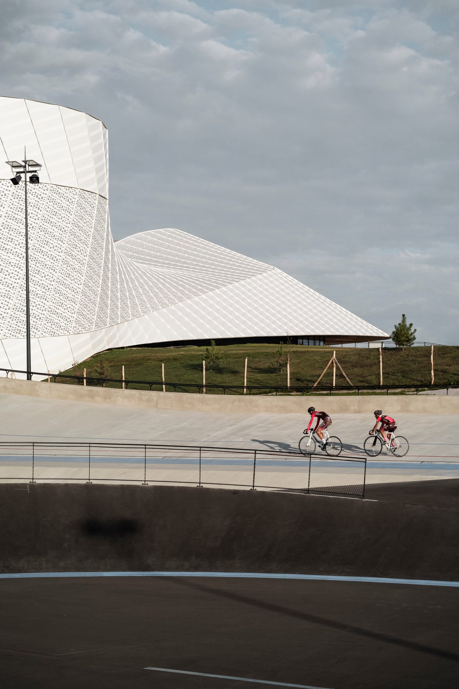 Cyclists outside the Espace Mayenne in France