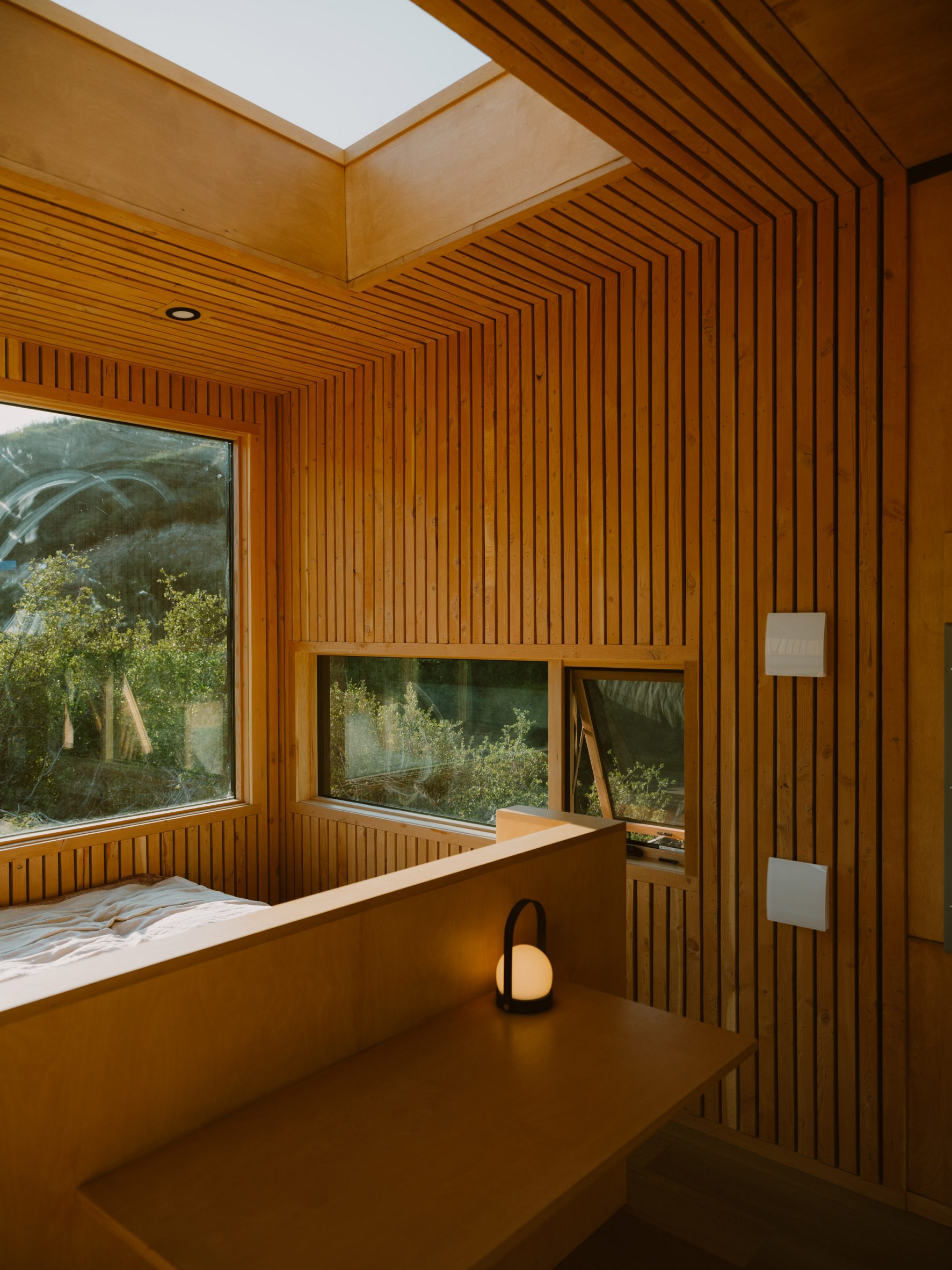Oak interior glamping cabin California