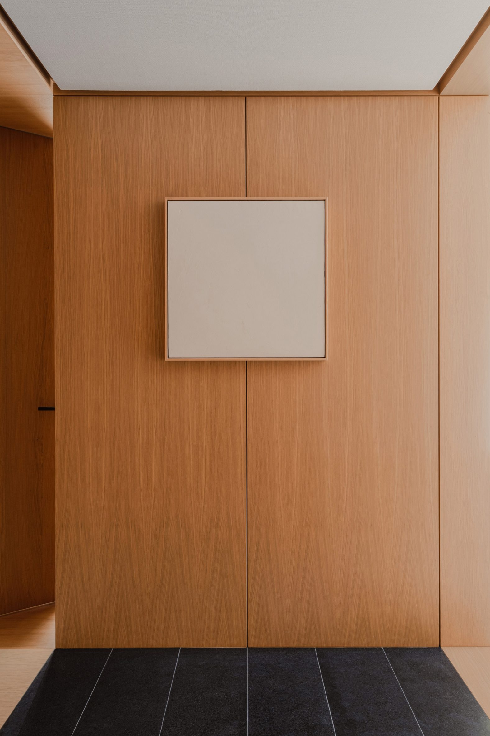 Hallway of Gdańsk apartment by ACOS with timber panelling and fabric ceiling