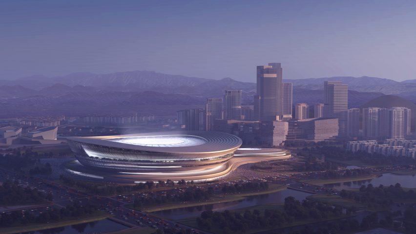 Aerial visual of Hangzhou International Sports Centre by Zaha Hadid Architects