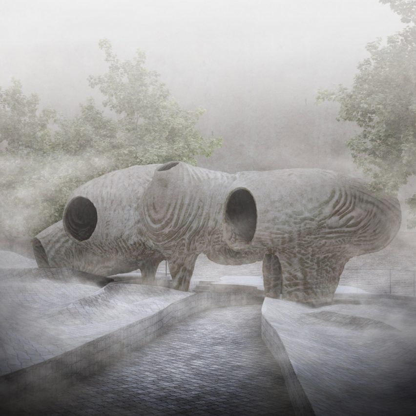 Visualisation of a niomorphic structure in misty outdoor setting
