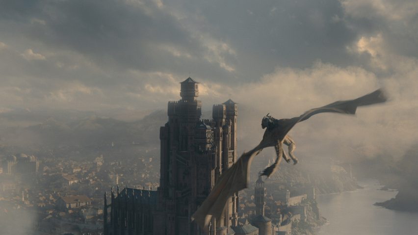 View of dragon flying above castle