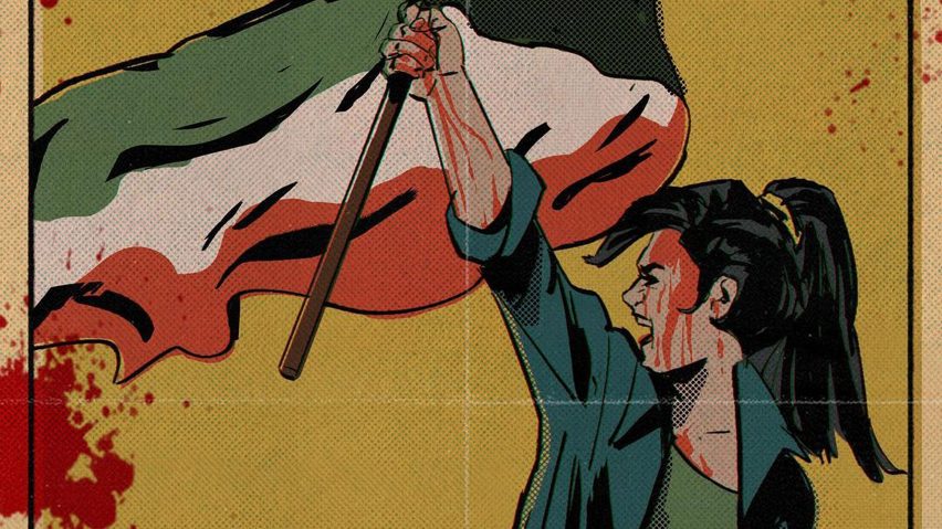 Poster by Ahmad Rafiei Vardanjani showing a blood-splattered female protester waving an Iranian flag