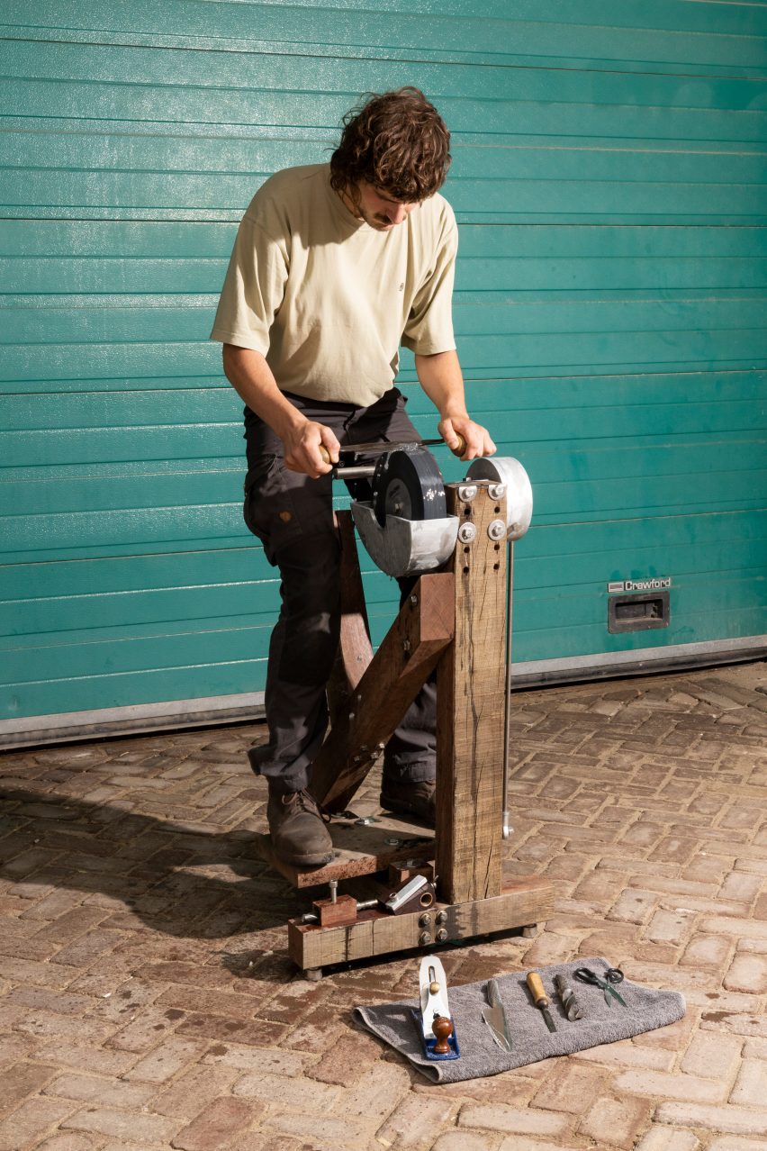 Jelle Seegers operates the Human-Powered Tool Grinder