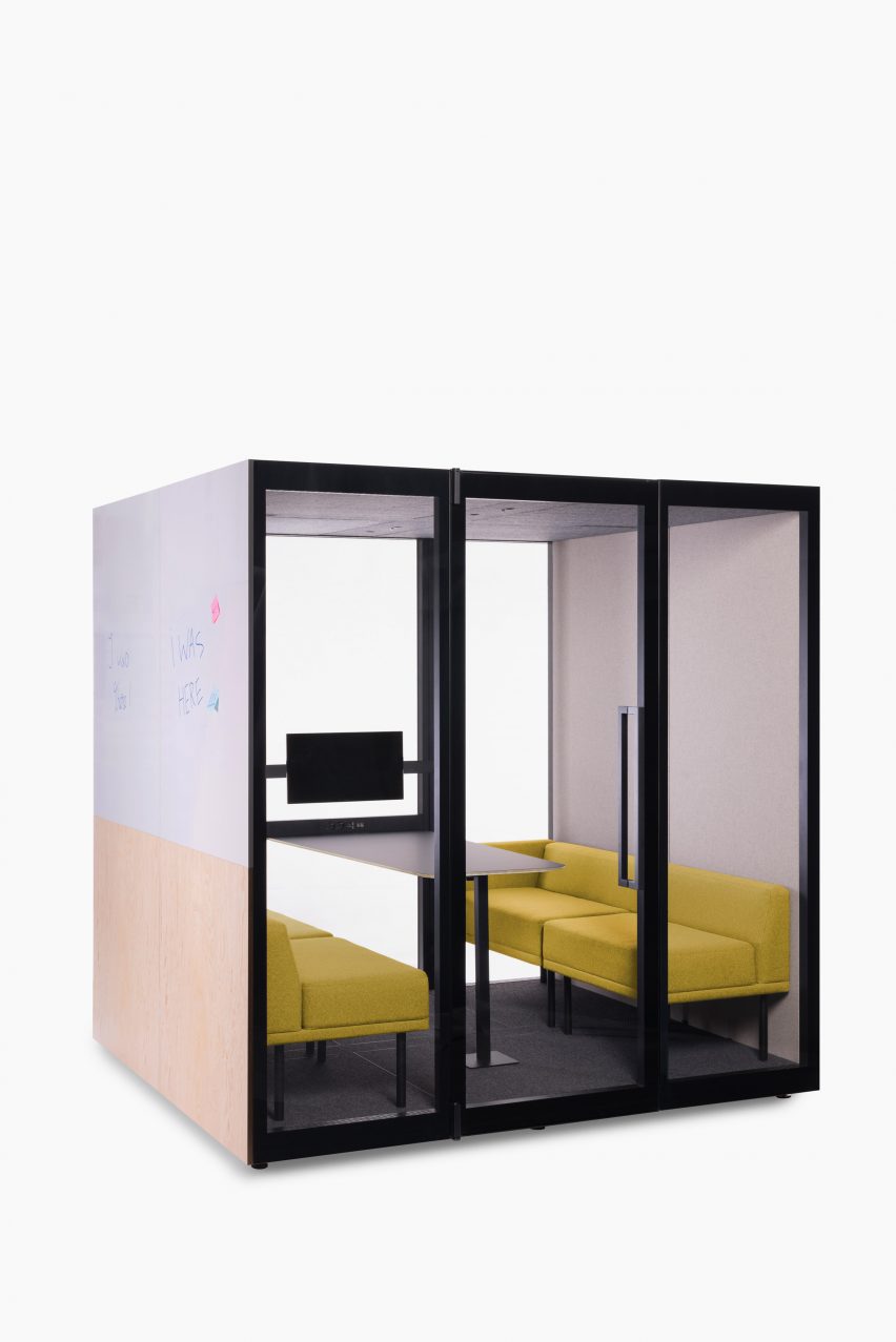 Kameleon Office Booth with two yellow sofas