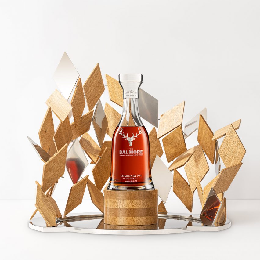 A bottle of whisky in the middle of a sculpture by Kengo Kuma