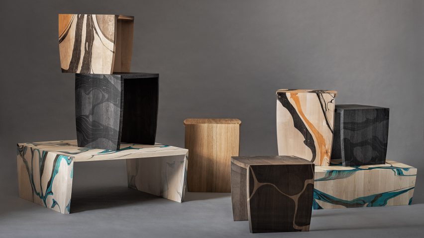 Collection of wooden tables with marbled pattern