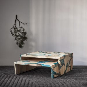 Wooden table with a marbled print