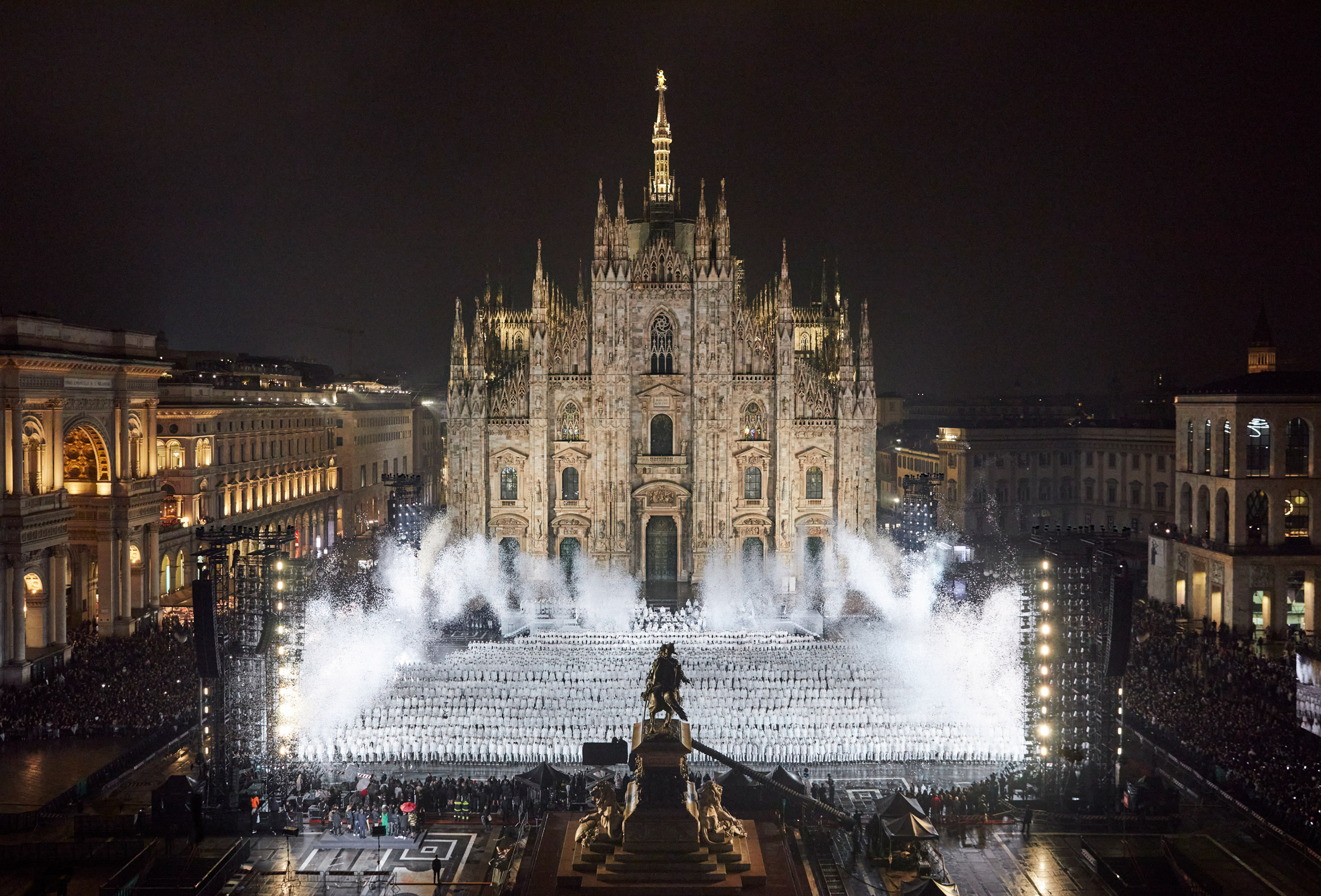 Aerial photo of the Moncler show in front of the Piazza del Duomo in Milan