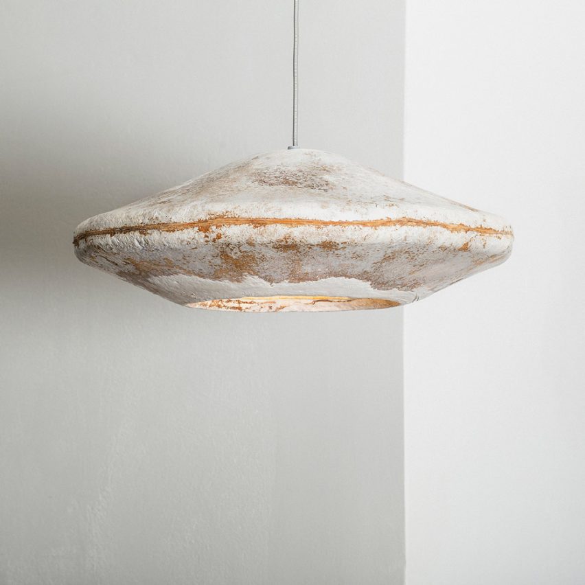 A pendant lampshade made from mushrooms