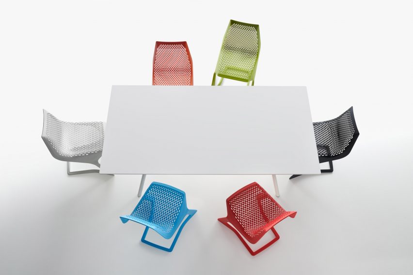 Six brightly coloured chairs around rectangular table