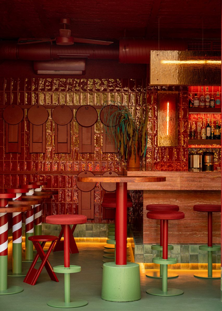 Red and turquoise interior of Warsaw bar Va Bene Cicchetti