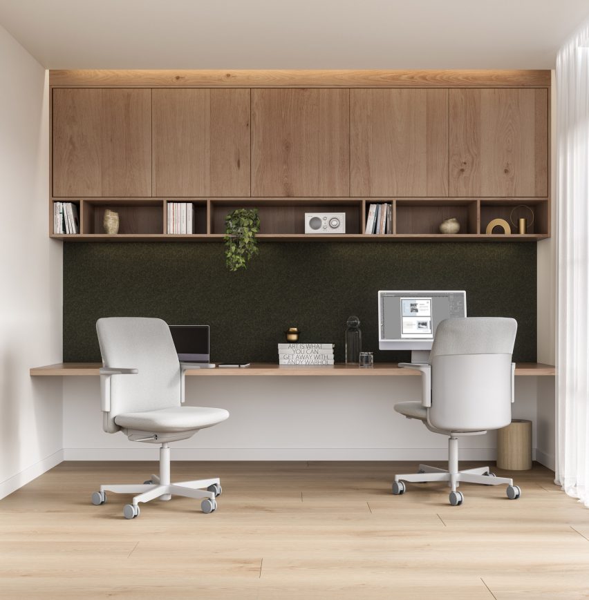 Off-white task chairs in wood-lined office