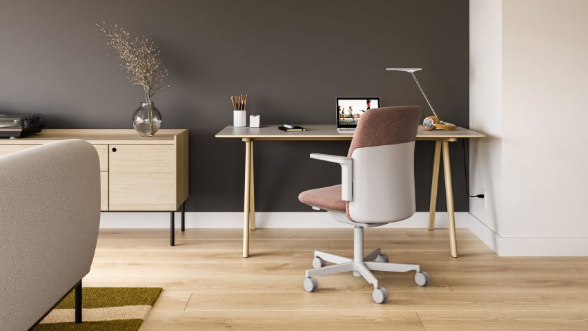 Office with pink-hued task chair