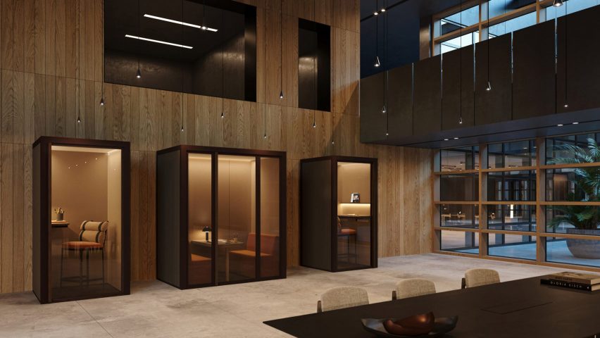 Brown office booths in interior