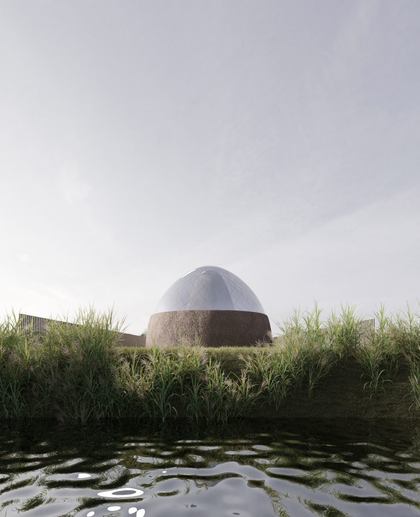 Render of glass-domed greenhouse with reed thatching at the base designed by Victoria Yakusha for Maria's Way museum